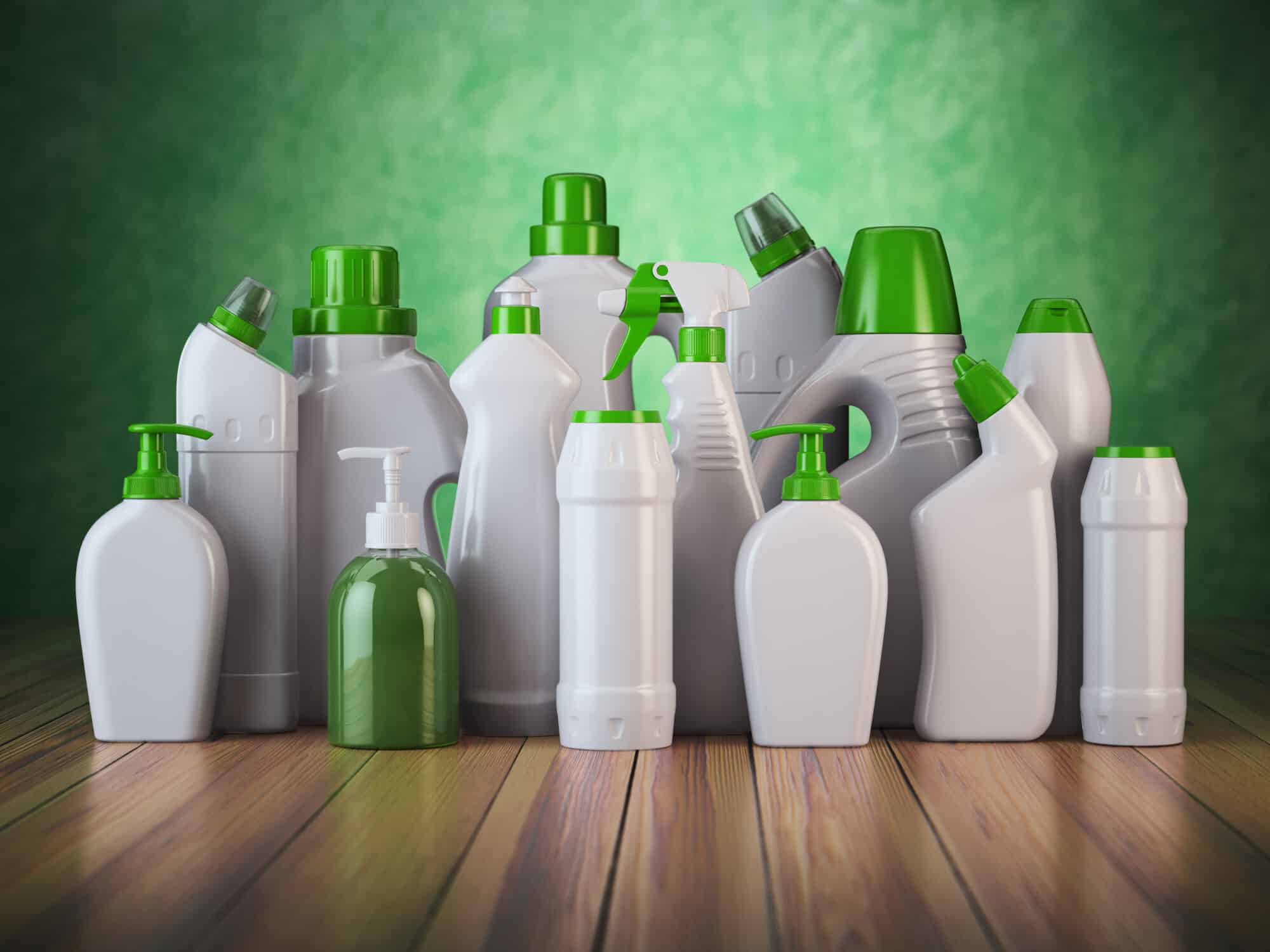 Natural green detergent bottles and containers.