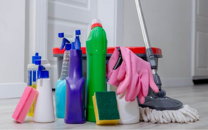 Assorted household cleaning products.