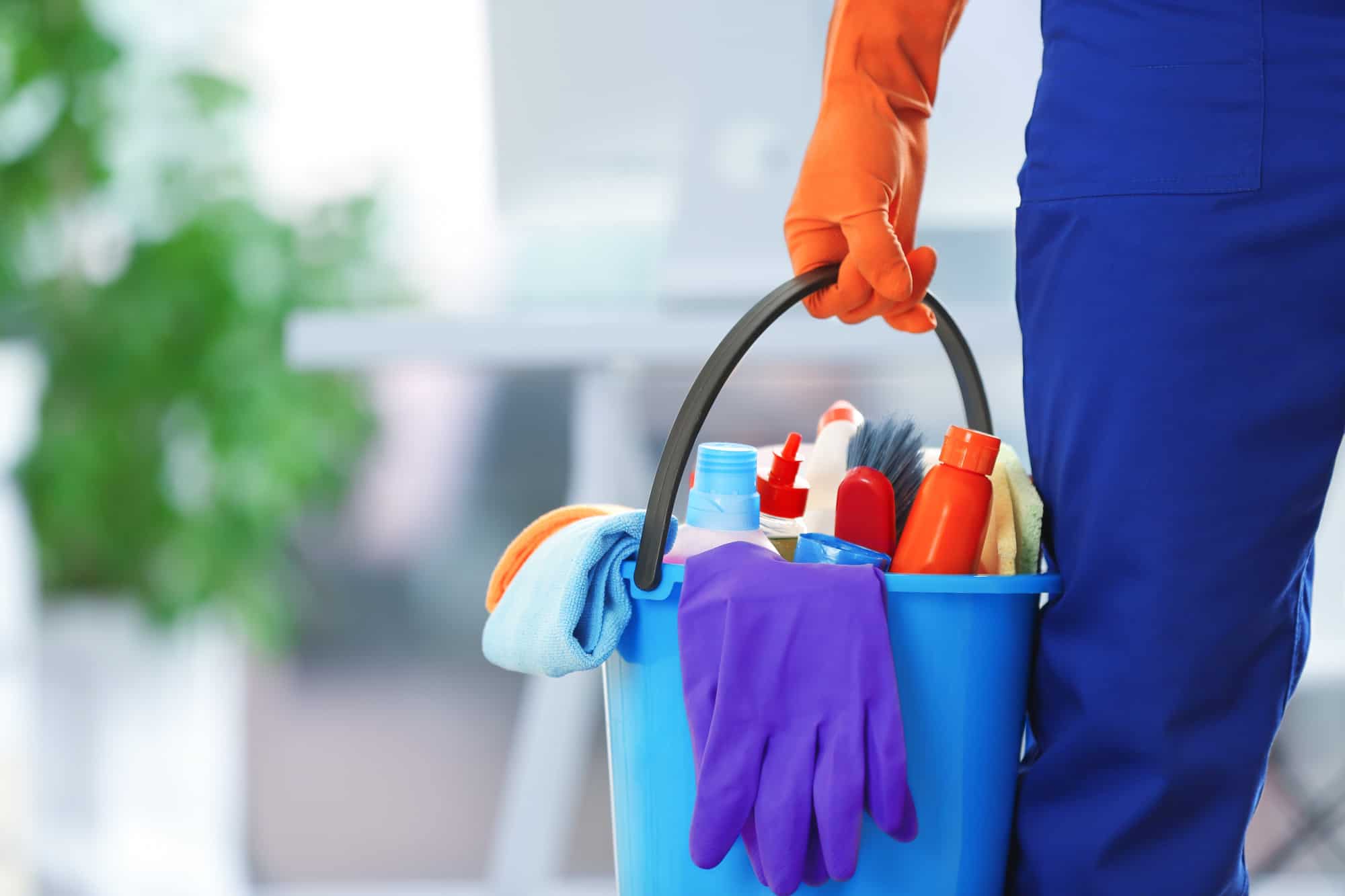 Person holding cleaning products and tools in a bucket.