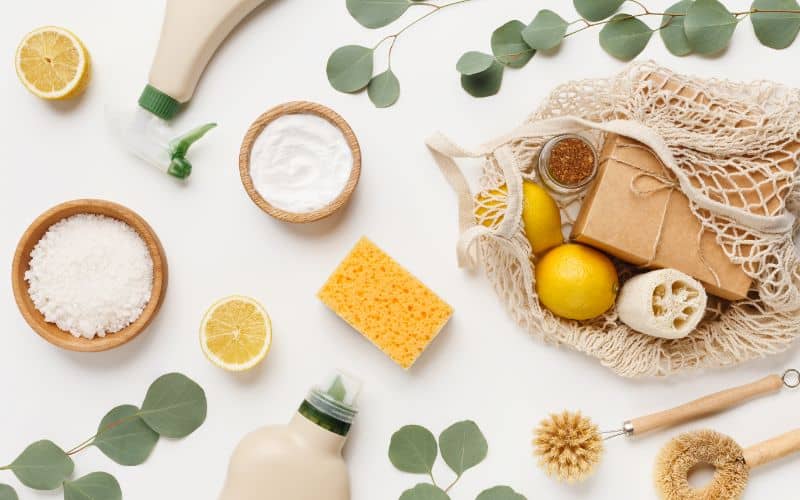 Natural ingredients on white counter.