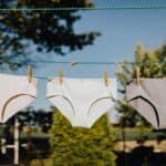 Clean underwear hanging on clothesline.
