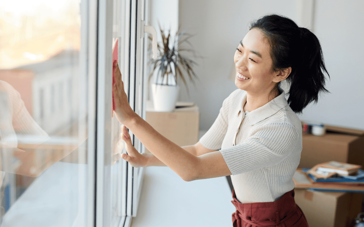 Woman cleaning window