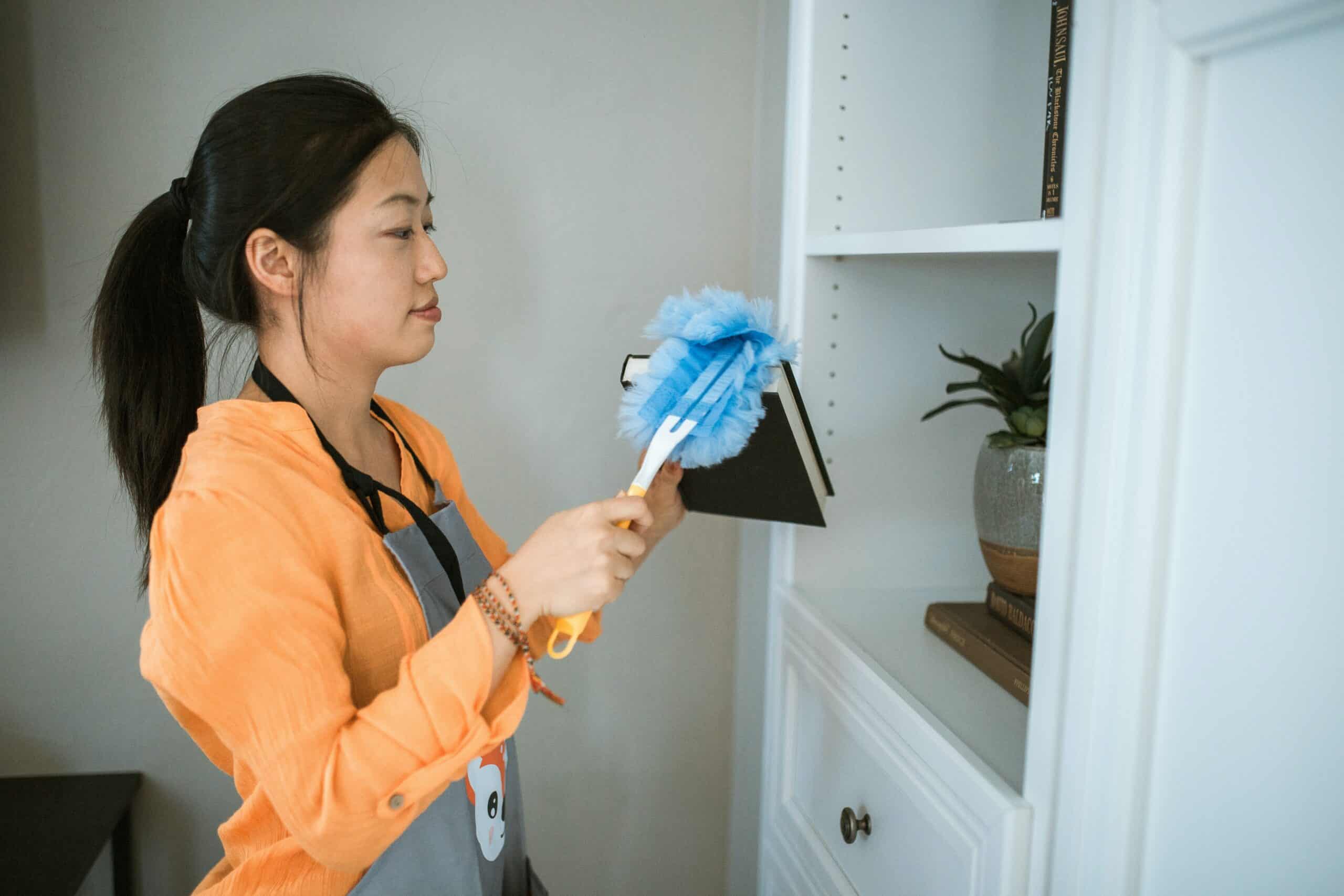 Woman in apron dusting book.