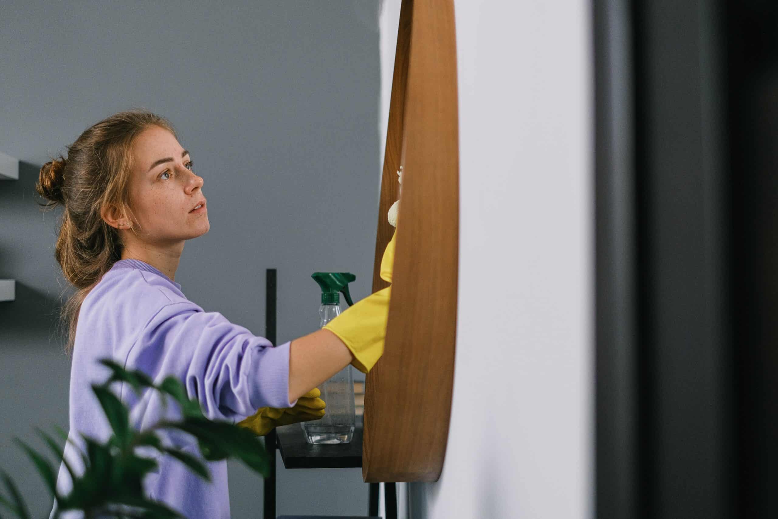 Woman wiping mirror.